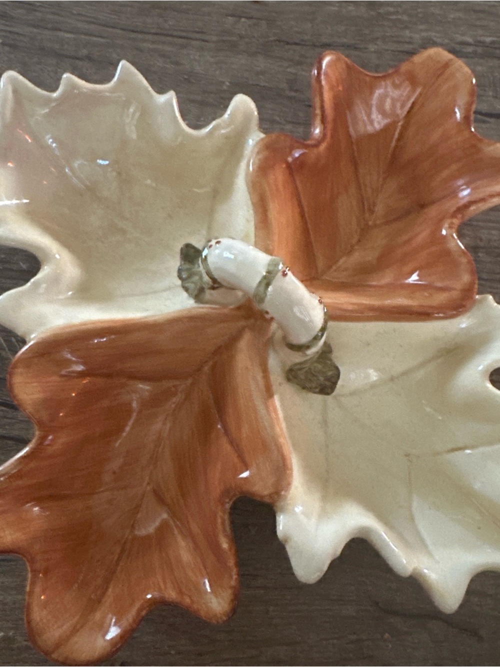 Vintage four Tone Leaf Ceramic Serving Bowl in Cream and Orange-Brown